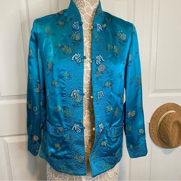 SOLZ SQUIRREL Chinese Reversible Vintage Quilted Floral Jacket Tesl Blue Gold M - Picture 1 of 11
